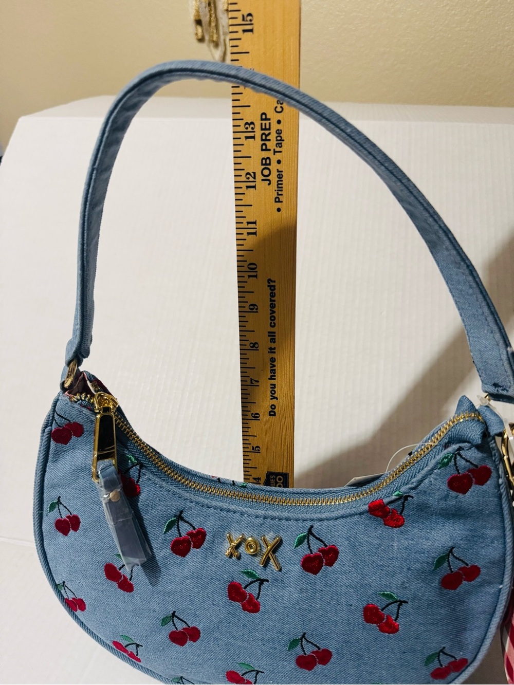 Betsey Johnson denim xonorthy Cherry Embroidered Shoulder Bag with charm BNWT - Picture 8 of 10